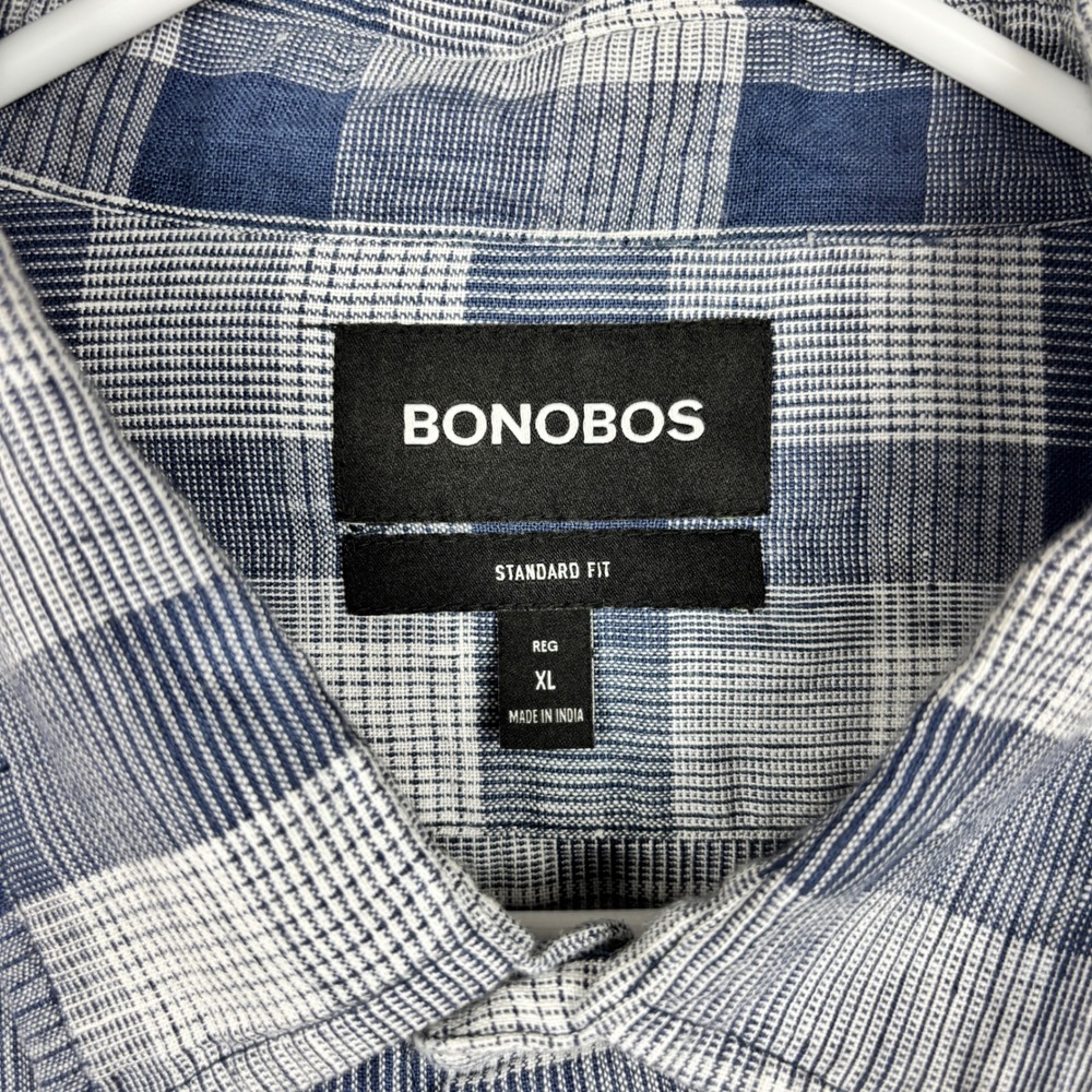 Bonobos Mens XL Standard Fit Blue White Plaid Linen Cotton Button Down Shirt - Picture 3 of 9